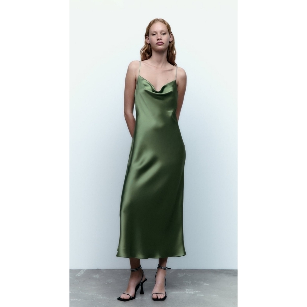 ZARA // ltd ed green satin effect flowy neckline rhinestone applique slip dress